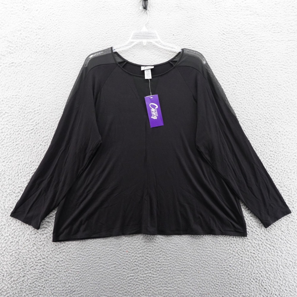 Catherines Curvy Collection Long Sleeve Top 3X Black Women Sheer Shoulder NWT